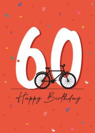 60th Birthday Card with Bicycle and Confetti on Red Background