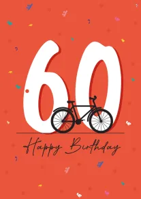 Orange birthday card with giant 60, bicycle illustration, confetti, and Happy Birthday text beneath shown.