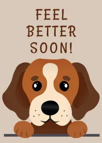 Sad puppy under feel better soon text on a beige background for get well wishes.