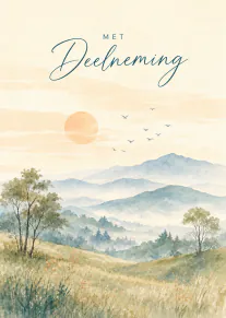 Staande kaart met de tekst ‘MET Deelneeming’ boven een zacht aquarellandschap met bergen, bomen, vogels en een lage zon.