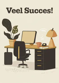 Wenskaart met de tekst ‘Veel Succes!’ boven een geïllustreerd bureau met computer, stoel, plant en lamp.