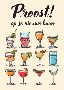 Crèmekleurige kaart met de tekst ‘Proost! op je nieuwe baan’ boven twaalf kleurrijke cocktails.