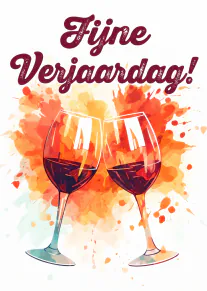 Kaart met twee wijnglazen, oranje verfspatten en de tekst ‘Fijne Verjaardag!’.
