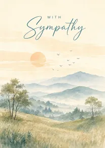 Watercolor landscape sympathy card with mountains, birds, sunrise, and the words With Sympathy in blue.