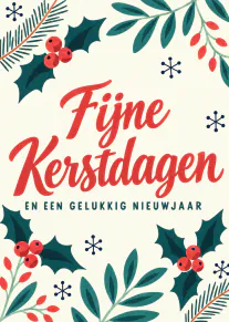 Crèmekleurige kerstkaart met rode tekst, hulst, rode bessen, wintergroen en blauwe sneeuwvlokken.
