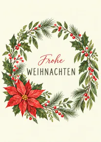 Cremefarbene Weihnachtskarte mit botanischem Kranz, rotem Weihnachtsstern und dem Schriftzug „Frohe Weihnachten“.