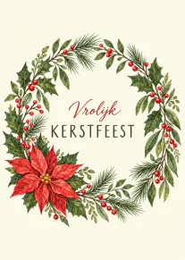 Crèmekleurige kerstkaart met een krans van hulst, dennentakken, rode bessen en een rode kerstster rond de tekst ‘Vrolijk KERSTFEEST’.