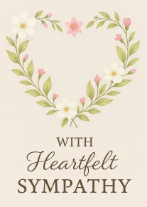 Soft floral heart wreath card with the words With Heartfelt Sympathy in elegant script style.