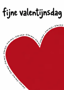 Witte kaart met de tekst ‘fijne valentijnsdag’ boven een groot rood hart, omringd door herhaalde woorden ‘ik hou van je’.