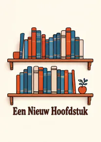 Illustratie van twee boekenplanken met blauwe, oranje en crèmekleurige boeken, een plantje en de tekst ‘Een Nieuw Hoofdstuk’.