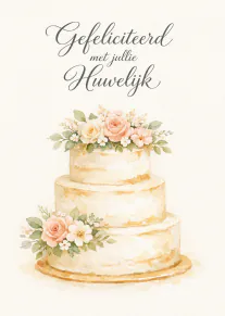 Elegante huwelijkskaart met kalligrafische tekst, een driedelige bruidstaart en zachte bloemen.