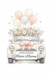 Waterverfillustratie van een klassieke witte auto met bloemen, ballonnen en de tekst ‘GEFELICITEERD Meneer & Mevrouw’.