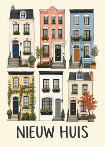 Illustratie van zes herenhuizen met de tekst ‘NIEUW HUIS’.