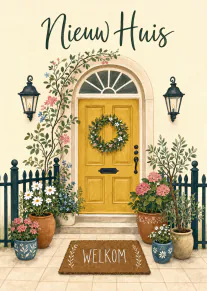 Illustratie van een gele voordeur met bloemen, planten en de tekst ‘Nieuw Huis’.