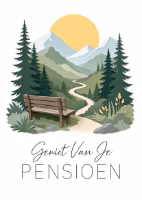 Pensioenkaart met een houten bankje, dennenbomen, bergen, een kronkelend pad en een gele zon.
