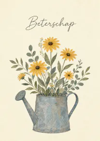 Beterschapskaart met gele bloemen en groen blad in een grijze metalen gieter.