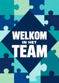 Grafische kaart met blauwe en turquoise puzzelstukken en de tekst ‘WELKOM IN HET TEAM’.