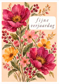 Verjaardagskaart met grote roze en oranje bloemen en de tekst ‘fijne verjaardag’.