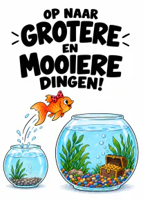 Illustratie van een goudvis die uit een kleine vissenkom naar een grote kom met schatkist springt.