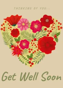 A floral heart card with Thinking of You and Get Well Soon on beige background.