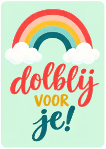 Mintgroene kaart met regenboog, witte wolken en de tekst ‘dankj voor je!’