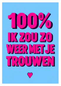 Blauwe kaart met grote roze 3D-tekst en een klein hartje.