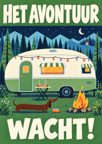 Geïllustreerde groene camper in een berglandschap bij nacht, met kampvuur, teckel en de tekst ‘HET AVONTUUR WACHT!’