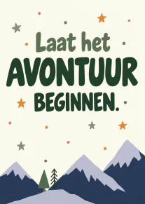 Crèmekleurige kaart met groene tekst, sterretjes en besneeuwde bergen.