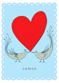 Lichtblauwe kaart met een groot rood hart, twee pastelkleurige vogels en de tekst ‘samen’.