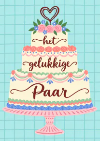 Illustratie van een drielaagse bruidstaart met bloemen, een hart en de tekst ‘het gelukkige Paar’.