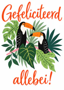 Witte felicitatiekaart met oranje handschrift, twee toekans en groene tropische bladeren.