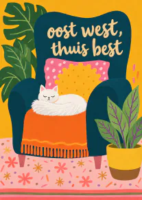 Illustratie van een slapende witte kat op een fauteuil met planten en de tekst ‘oost west, thuis best’.