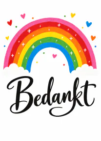 Witte kaart met een kleurrijke regenboog, hartjes en het woord “Bedankt” in zwart sierlijk schrift.