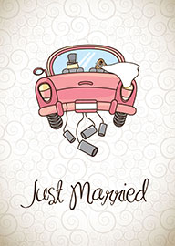 Just Married Couple Driving Away in Pink Car with Cans