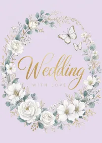 Lavender wedding card with white flowers, butterflies, and gold lettering saying Wedding with love.