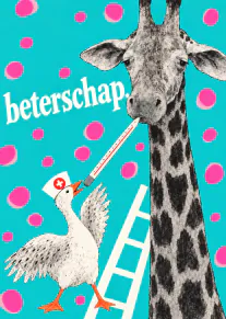 Turquoise beterschapskaart met roze stippen, een giraf met thermometer en een gans in verpleegstersmuts.