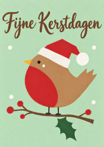 Kerstkaart met een roodborstje in kerstmuts op een tak en de tekst Fijne Kerstdagen.