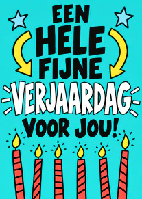 Turquoise verjaardagskaart met grote tekst, gele pijlen, sterren en zes brandende gestreepte kaarsjes.