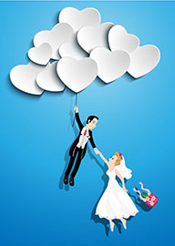 Romantic wedding card with bride groom and heart balloons