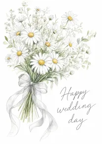 Watercolour bouquet of white daisies tied with ribbon and the words Happy wedding day on white.