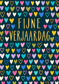 Donkerblauwe verjaardagskaart met kleurrijke hartjes en gouden tekst: FIJNE VERJAARDAG.