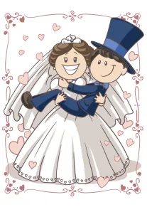 A smiling bride carries her groom in a top hat surrounded by pink hearts design.