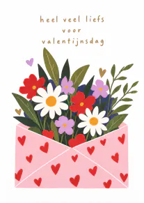 Roze envelop met rode hartjes, gevuld met kleurrijke bloemen en groen, met de tekst 'heel veel liefs voor valentijnsdag'.