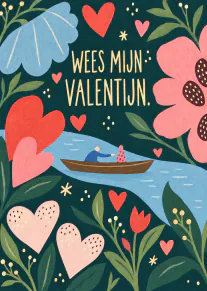 Geïllustreerde Valentijnskaart met hartjes, bloemen, een rivier en twee personen in een bootje.