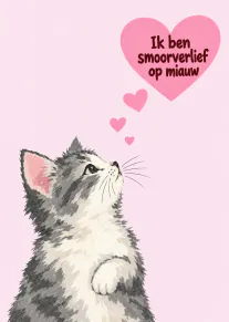 Waterverfillustratie van een grijs-witte kitten die omhoogkijkt naar een roze hart met tekst.