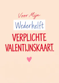 Roze kaart met rode en blauwe tekst voor een wederhelft en een klein roze hart.