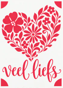 Witte kaart met een groot rood hart van bloemen en bladeren, met de tekst ‘Veel liefs’.