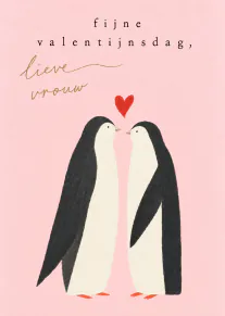 Roze valentijnskaart met twee pinguïns, een rood hart en de tekst voor een lieve vrouw.