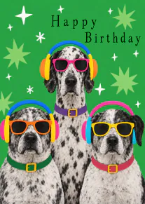Three spotted dogs wearing colourful headphones, sunglasses and collars on a green background with Happy Birthday text.
