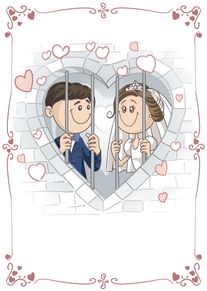 Bride and groom smile behind heart-shaped bars inside a romantic border of pink hearts design.